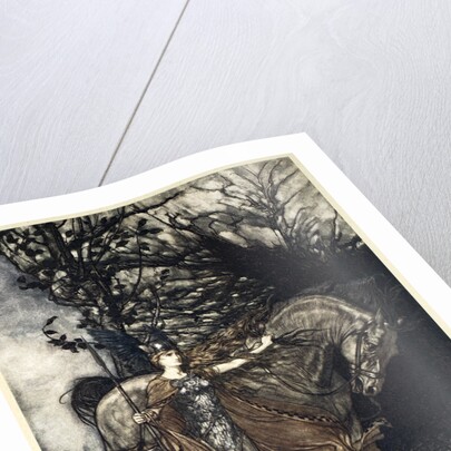 Brunnhilde with her horse at the mouth of the cave by Arthur Rackham