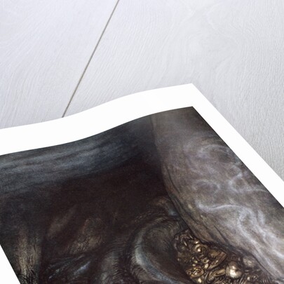 In dragon's form Fafner now watches the hoard by Arthur Rackham