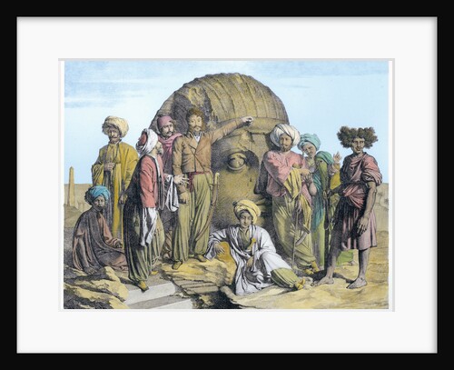 Archaeologist Bernardino Drovetti measuring a colossal head in the Egyptian desert by G Engelmann