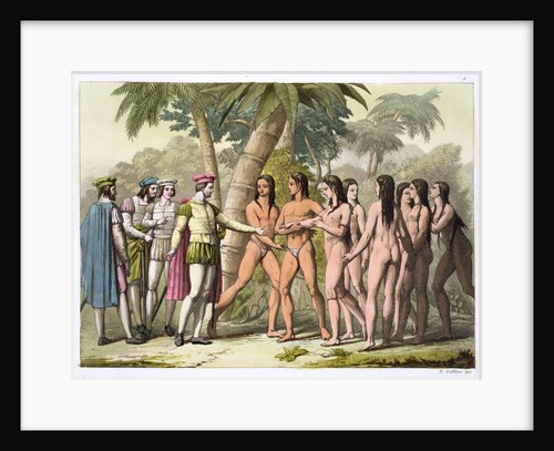 Christopher Coumbus with Hernando Cortes receiving a native American girl as a gift by Gallo Gallina