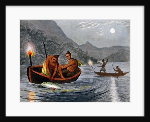 Native Americans fishing by torchlight in North America by H Merke