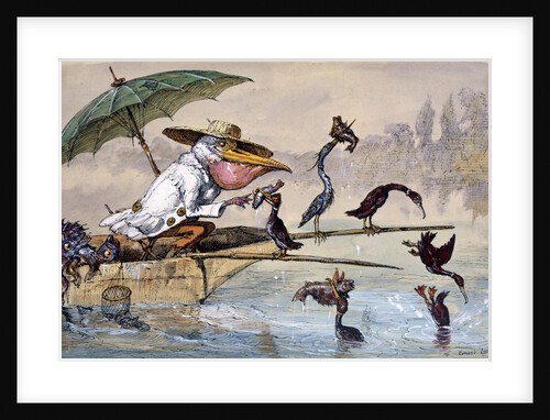 Cormorants presenting fish to a pelican in a punt under an umbrella by Ernest Henry Griset