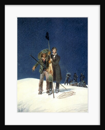 Charles Fellows with William Hawes, plants a baton on the summit of Mont Blanc by WS Hastings