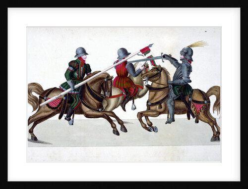 Three knights jousting at a tournament by Anonymous