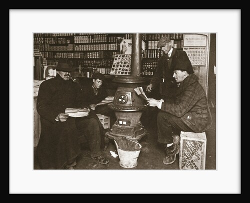 A group of men around a stove in a shop by Anonymous
