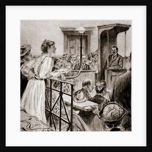 Christabel Pankhurst, British suffragette, questioning Herbert Gladstone in court by GK Jones