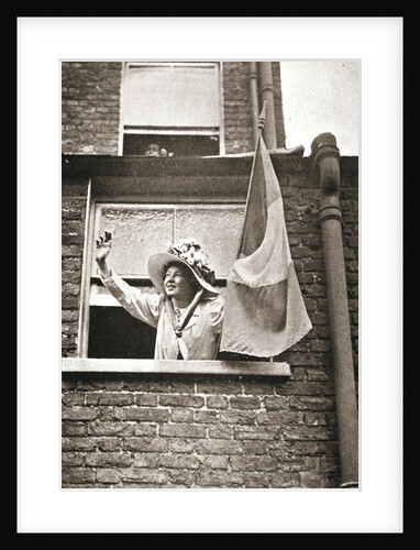 Christabel Pankhurst waving to the hunger strikers from a house overlooking Holloway Prison by Anonymous