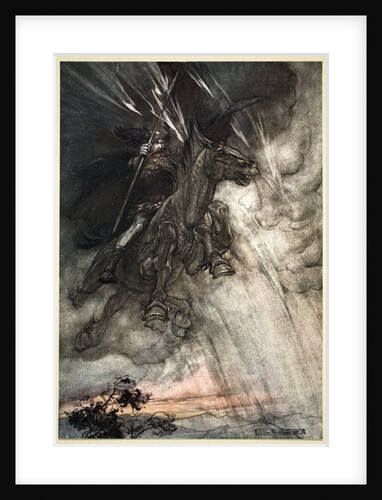 Raging, Wotan Rides to the Rock! Like a Storm-wind he comes! by Arthur Rackham