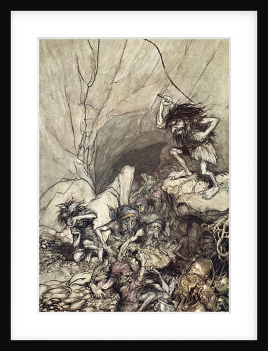 Alberich drives in a band of Nibelungs with gold and silver treasures by Arthur Rackham