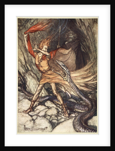 Ohe! Ohe! Horrible dragon, O swallow me not! Spare the life of poor Loge! by Arthur Rackham