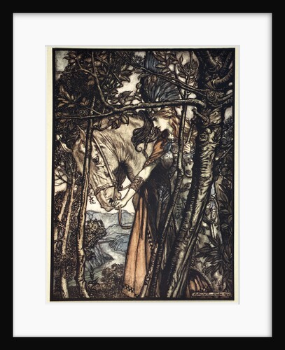 Brunnhilde slowly and silently leads her horse down the path to the cave by Arthur Rackham