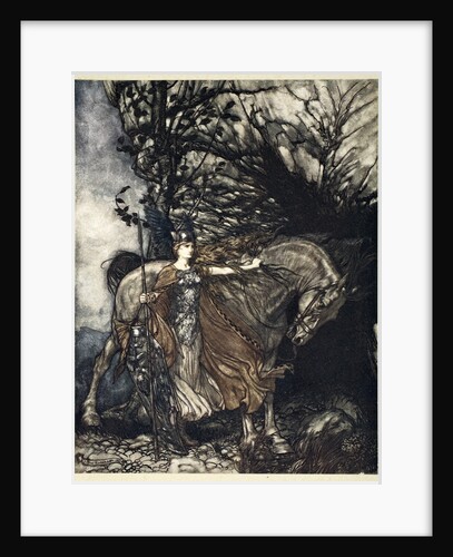 Brunnhilde with her horse at the mouth of the cave by Arthur Rackham