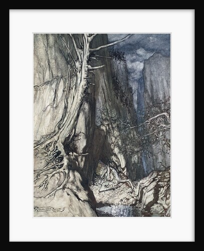 There is a dread Dragon he sojourns, and in a cave keeps watch over Alberich's ring by Arthur Rackham
