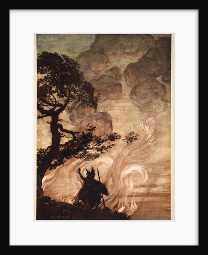 As he moves slowly away, Wotan turns and looks sorrowfully back at Brunnhilde by Arthur Rackham