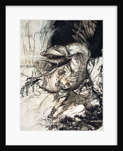 Siegfried kills Fafner by Arthur Rackham