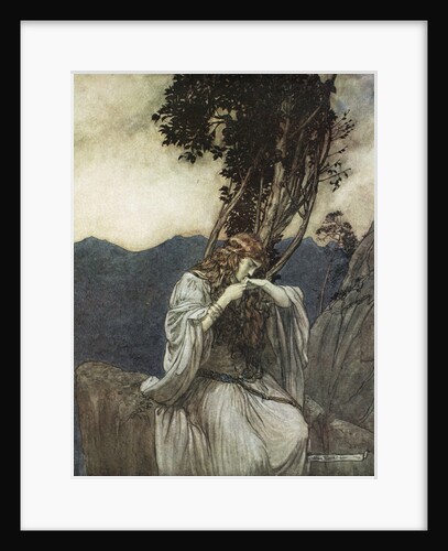 Brunnhilde kisses the ring that Siegfried has left with her by Arthur Rackham