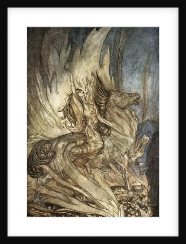 Brunnhilde on Grane leaps on to the funeral pyre of Siegfried by Arthur Rackham