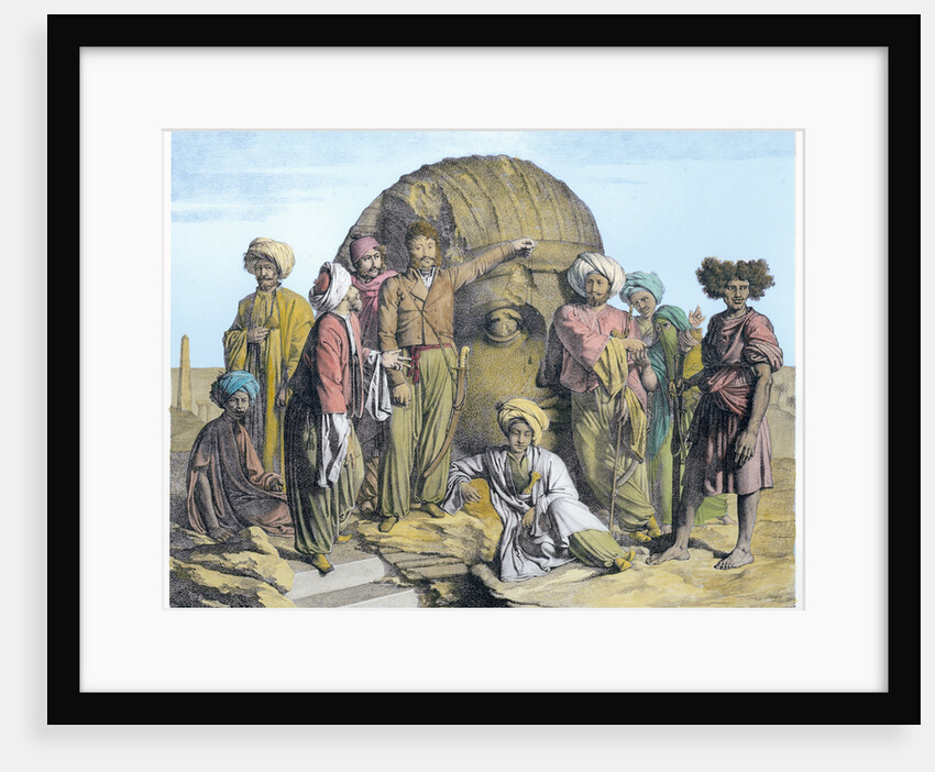 Archaeologist Bernardino Drovetti measuring a colossal head in the Egyptian desert by G Engelmann