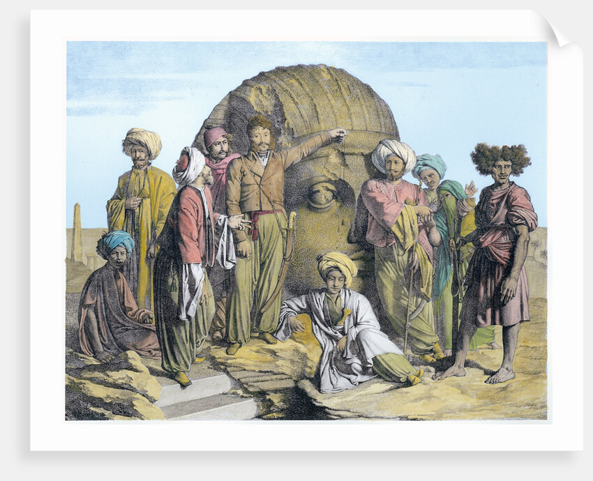 Archaeologist Bernardino Drovetti measuring a colossal head in the Egyptian desert by G Engelmann