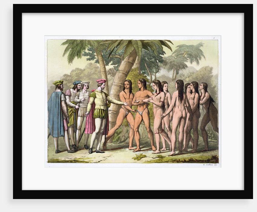 Christopher Coumbus with Hernando Cortes receiving a native American girl as a gift by Gallo Gallina