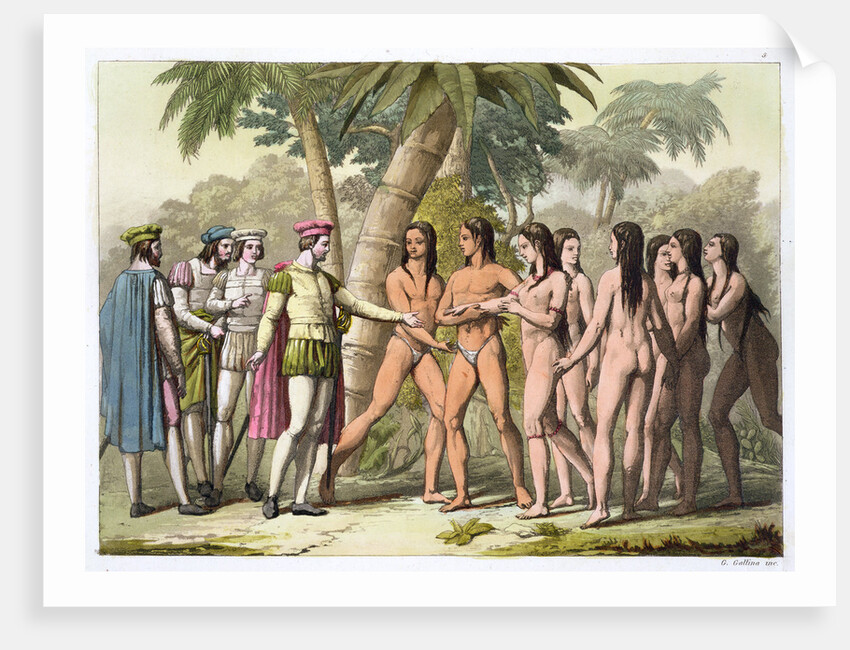 Christopher Coumbus with Hernando Cortes receiving a native American girl as a gift by Gallo Gallina