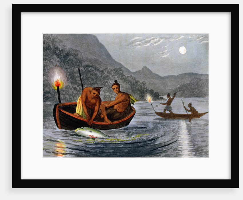 Native Americans fishing by torchlight in North America by H Merke