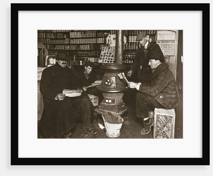 A group of men around a stove in a shop by Anonymous