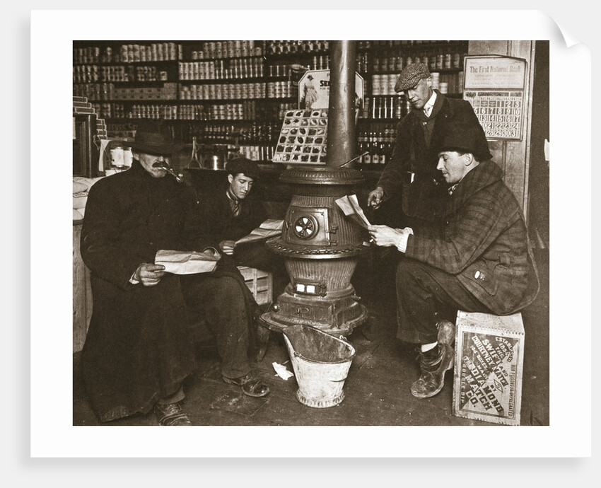 A group of men around a stove in a shop by Anonymous