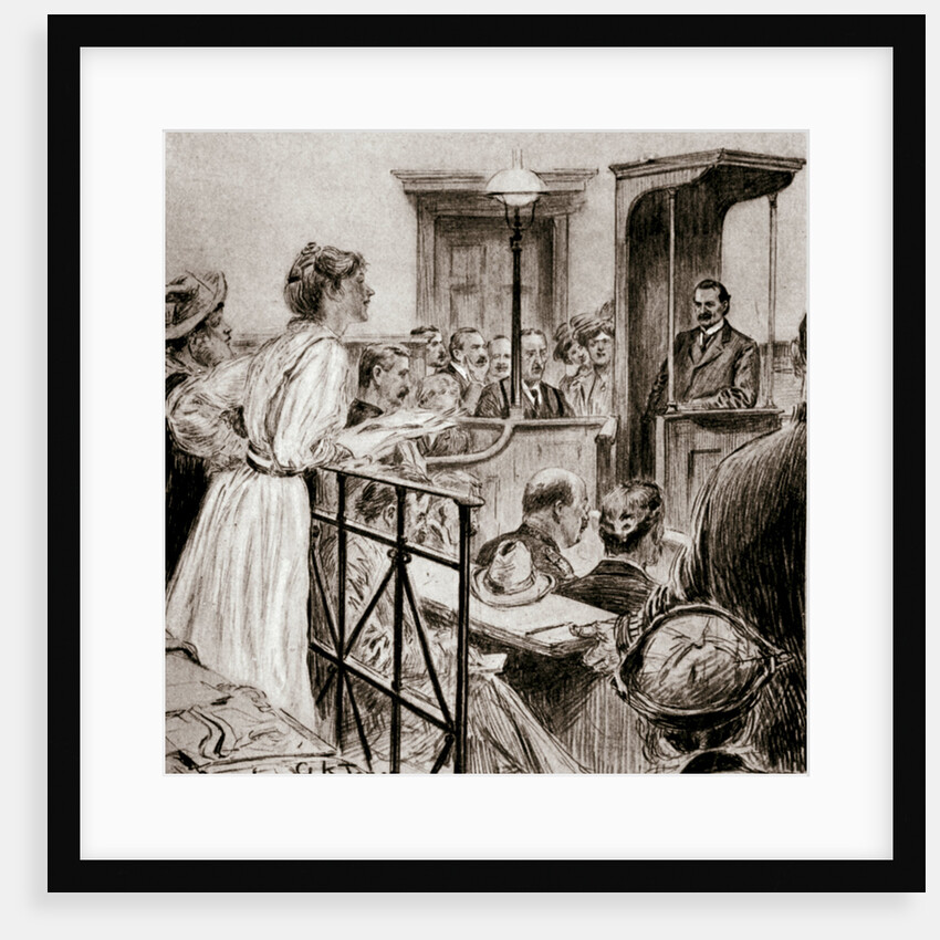Christabel Pankhurst, British suffragette, questioning Herbert Gladstone in court by GK Jones