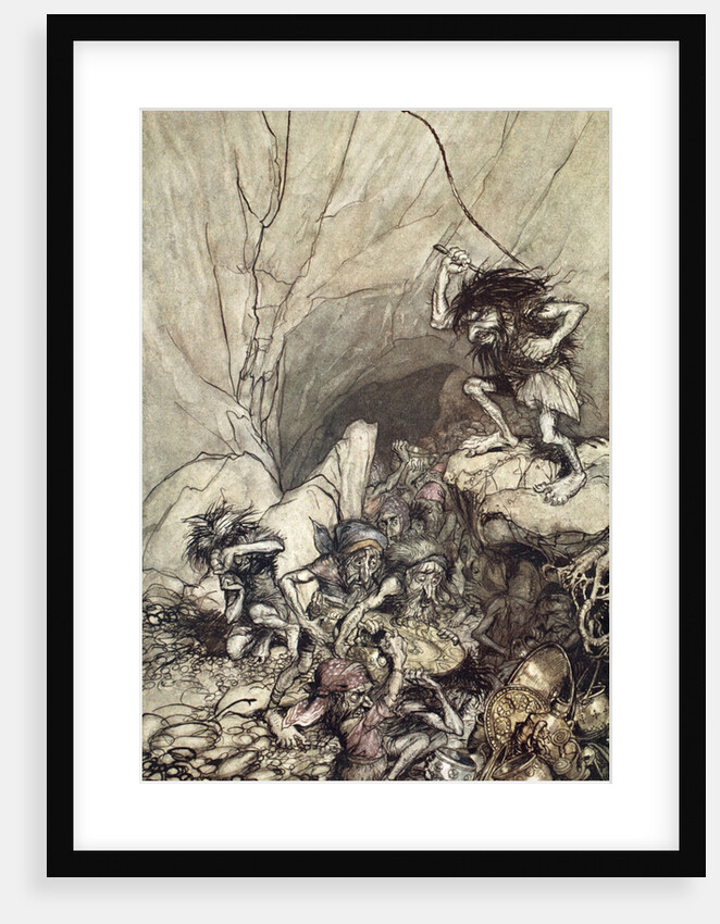 Alberich drives in a band of Nibelungs with gold and silver treasures by Arthur Rackham