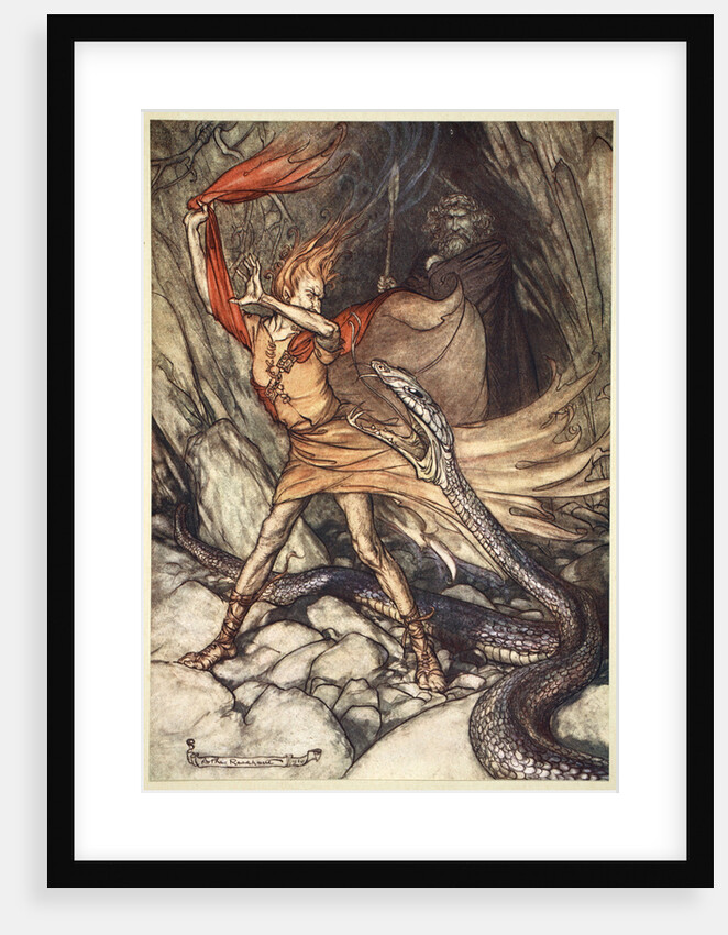 Ohe! Ohe! Horrible dragon, O swallow me not! Spare the life of poor Loge! by Arthur Rackham