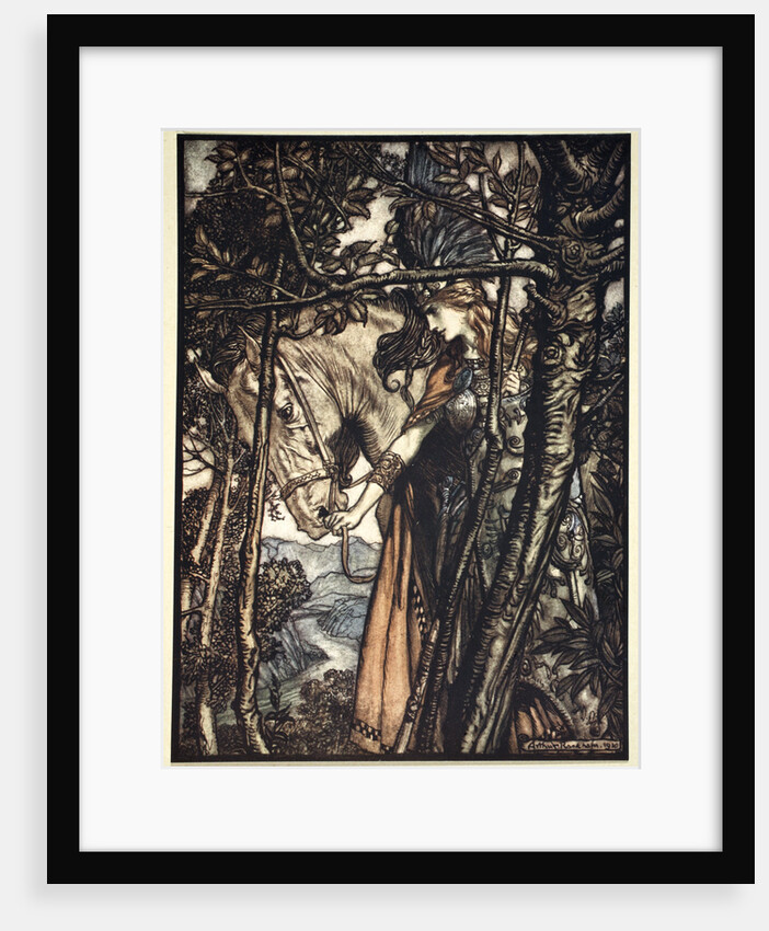 Brunnhilde slowly and silently leads her horse down the path to the cave by Arthur Rackham