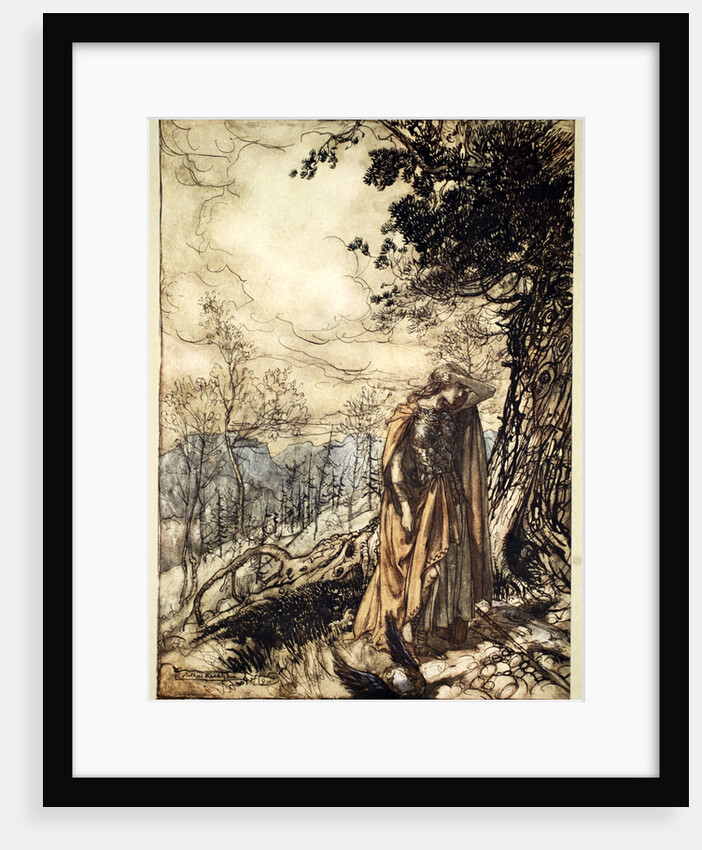 Brunnhilde stands for a long time, dazed and alarmed by Arthur Rackham