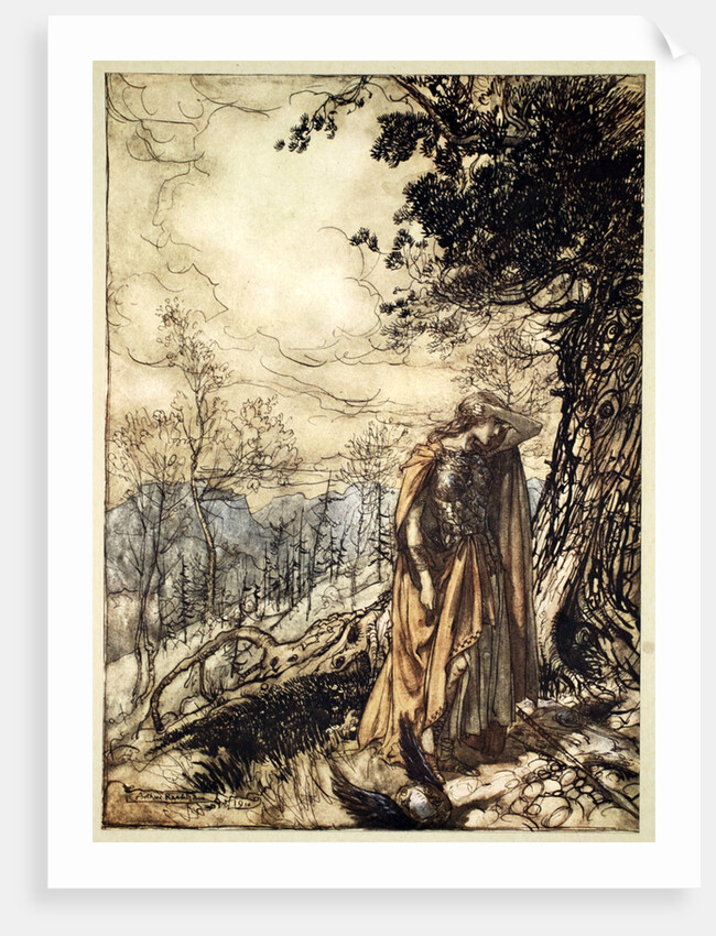 Brunnhilde stands for a long time, dazed and alarmed by Arthur Rackham