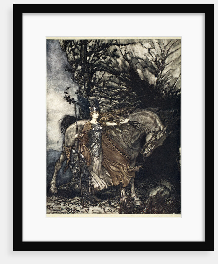 Brunnhilde with her horse at the mouth of the cave by Arthur Rackham