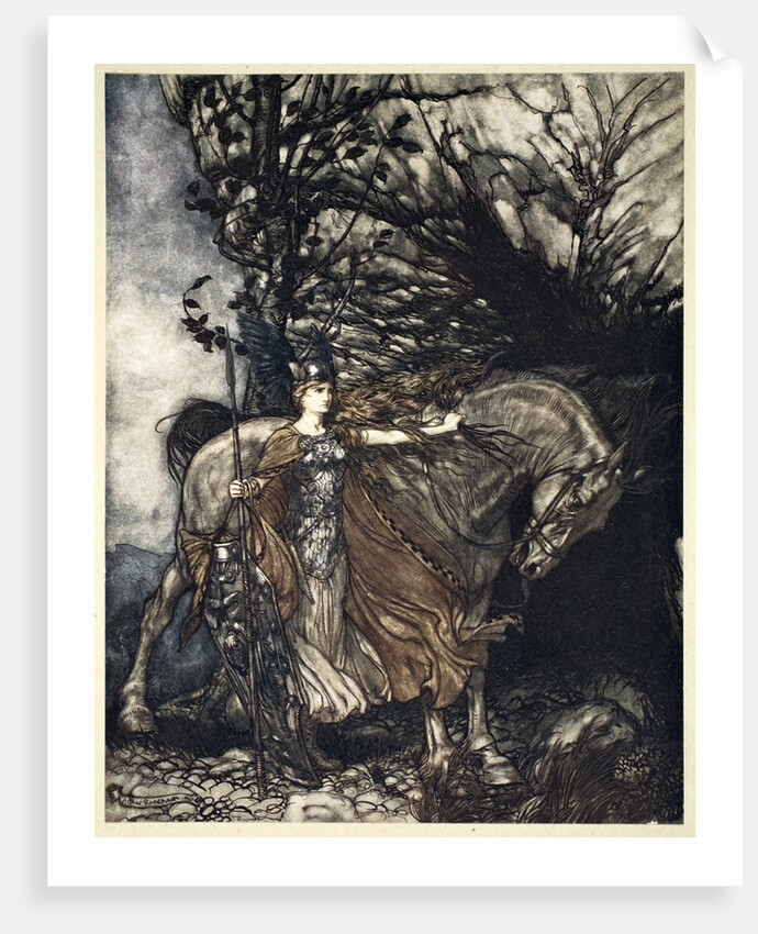 Brunnhilde with her horse at the mouth of the cave by Arthur Rackham