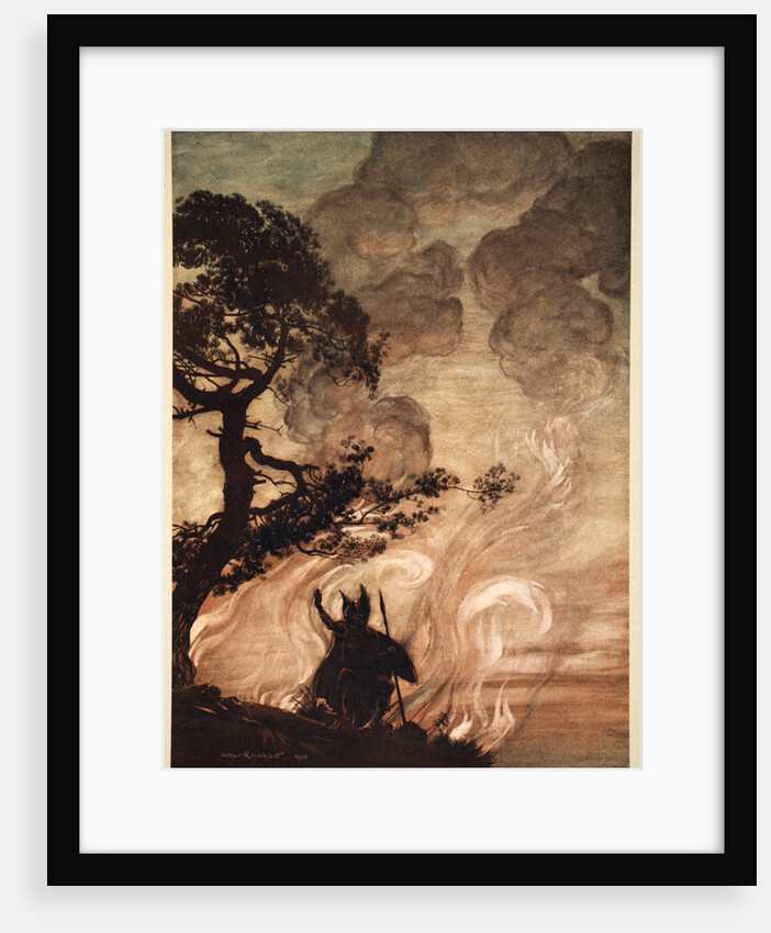 As he moves slowly away, Wotan turns and looks sorrowfully back at Brunnhilde by Arthur Rackham