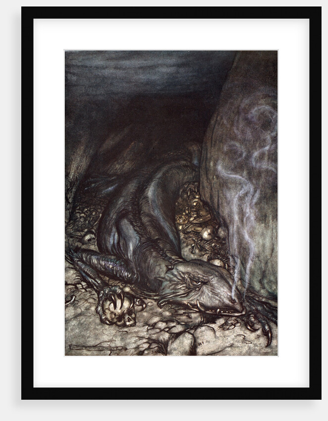 In dragon's form Fafner now watches the hoard by Arthur Rackham