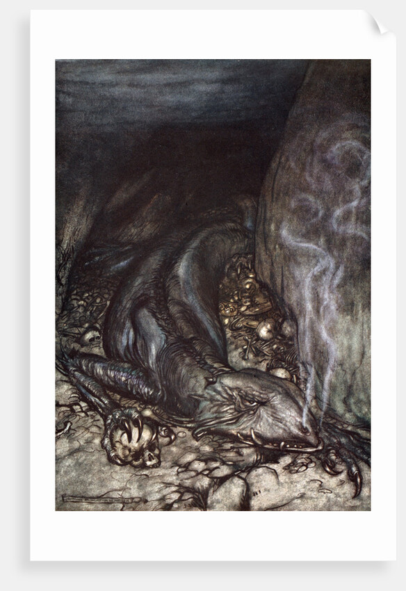 In dragon's form Fafner now watches the hoard by Arthur Rackham