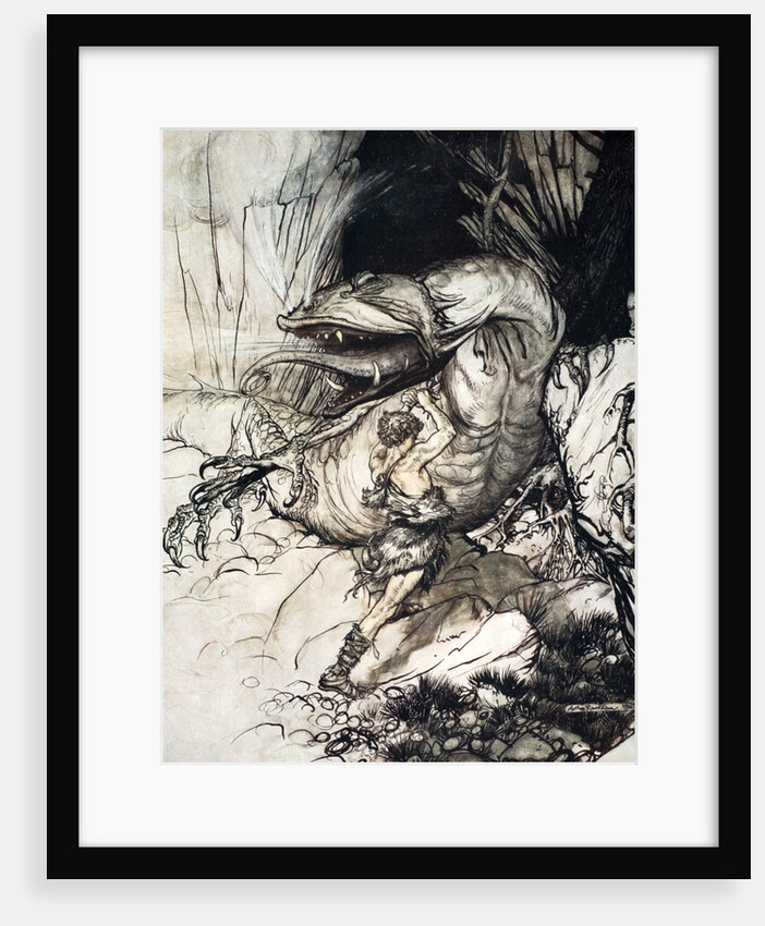 Siegfried kills Fafner by Arthur Rackham