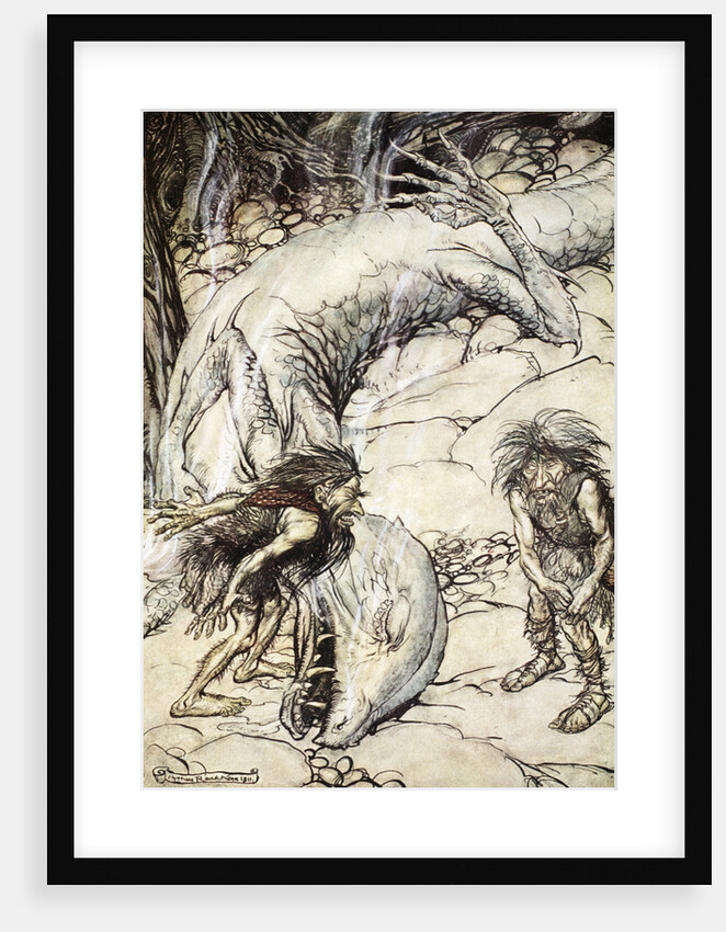 The dwarves quarrelling over the body of Fafner by Arthur Rackham