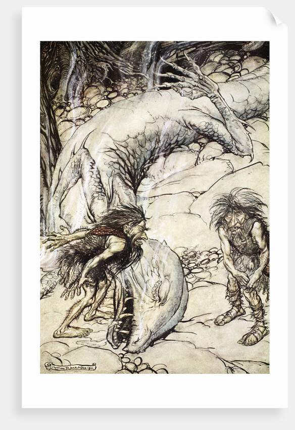 The dwarves quarrelling over the body of Fafner by Arthur Rackham