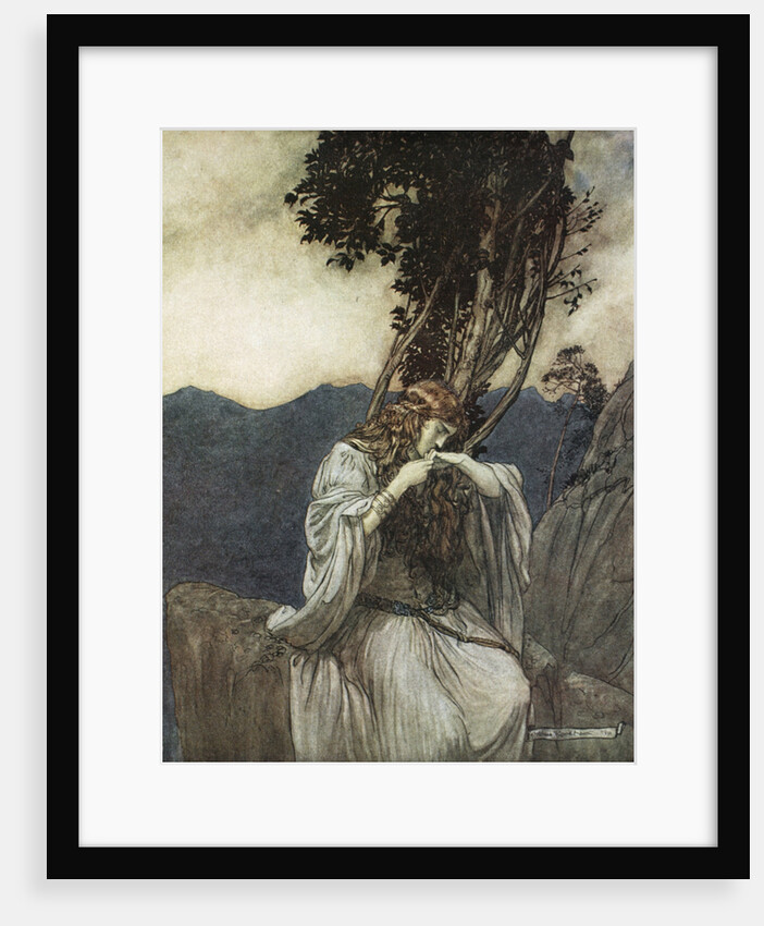 Brunnhilde kisses the ring that Siegfried has left with her by Arthur Rackham