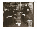 A group of men around a stove in a shop by Anonymous