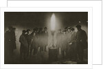 Gathering around an acetylene flare at a traffic control point in the fog by Anonymous