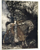 Brunnhilde with her horse at the mouth of the cave by Arthur Rackham
