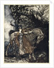 Brunnhilde with her horse at the mouth of the cave by Arthur Rackham