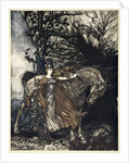 Brunnhilde with her horse at the mouth of the cave by Arthur Rackham
