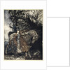 Brunnhilde with her horse at the mouth of the cave by Arthur Rackham
