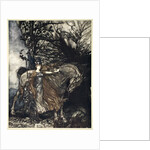 Brunnhilde with her horse at the mouth of the cave by Arthur Rackham